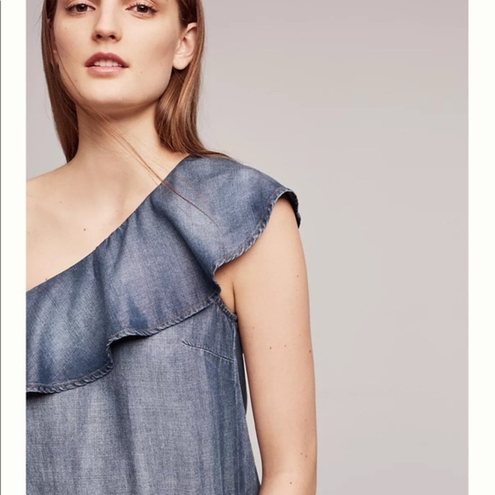Anthropologie Miami Ruffled One Shoulder Jumpsuit Shaded Chambray Size Medium - Picture 3 of 8